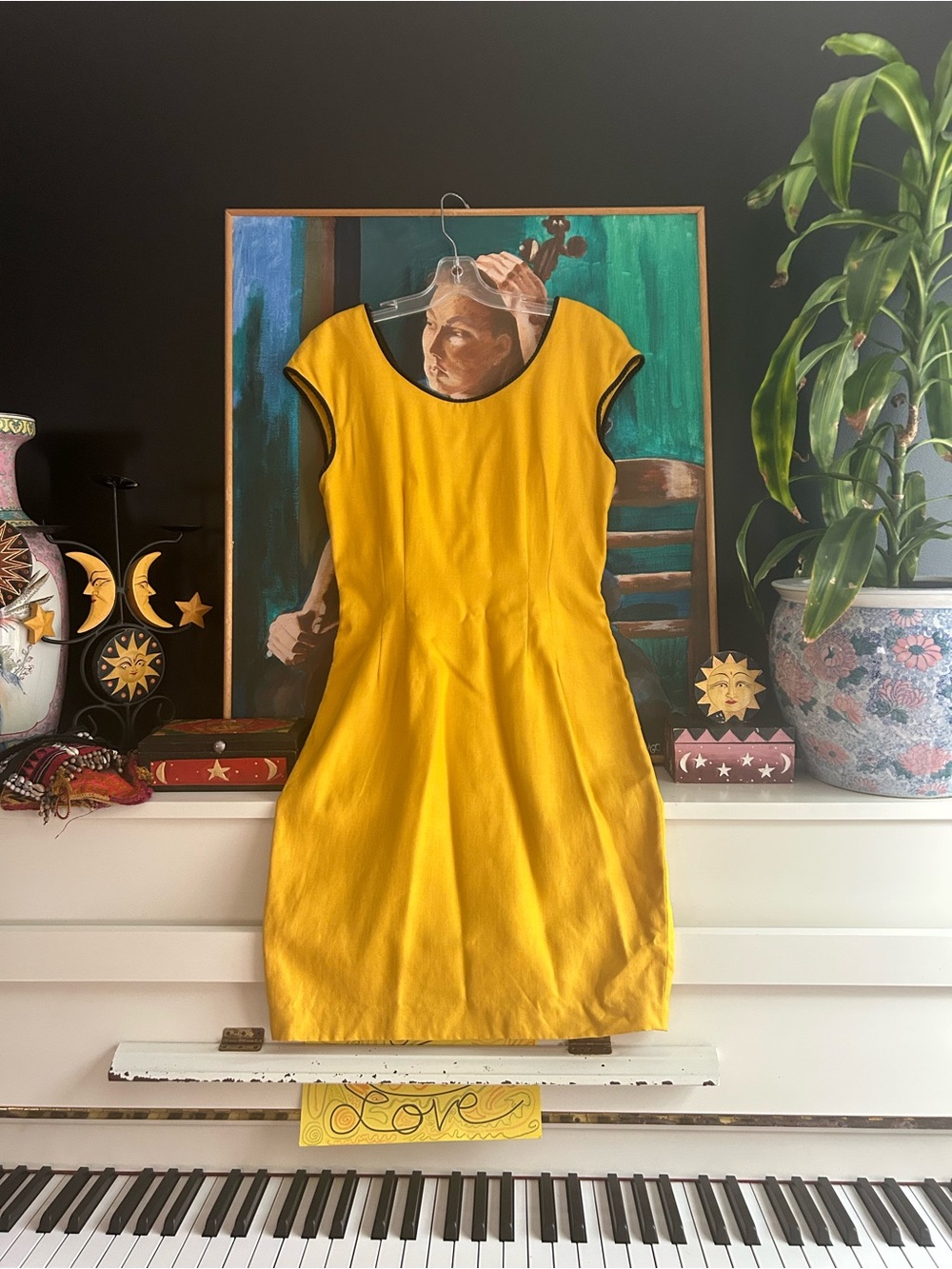 Vintage Nipon Boutique Mustard Yellow Black Trim Sheath Dress Size 10